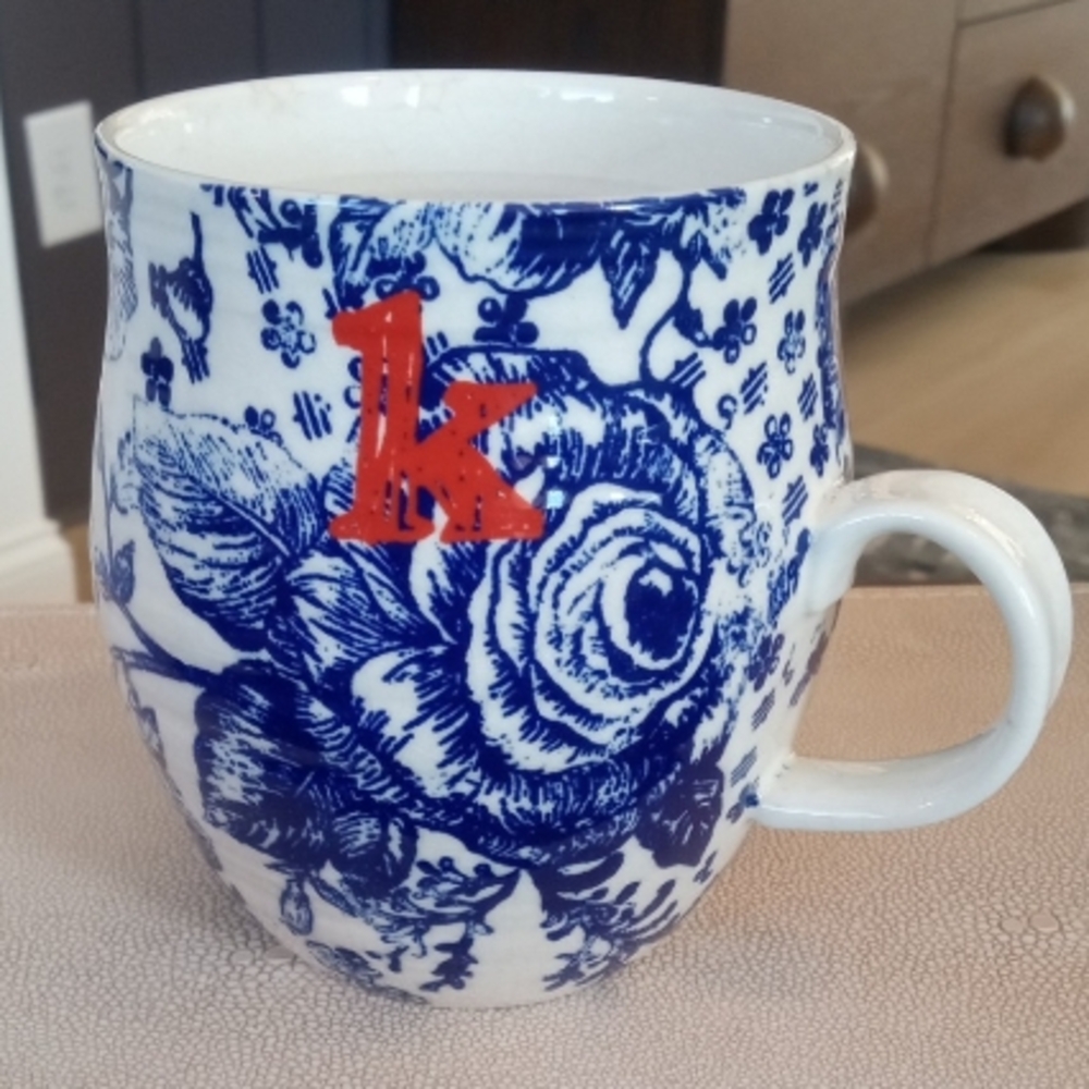Blue and White Floral Mug with Red Accent